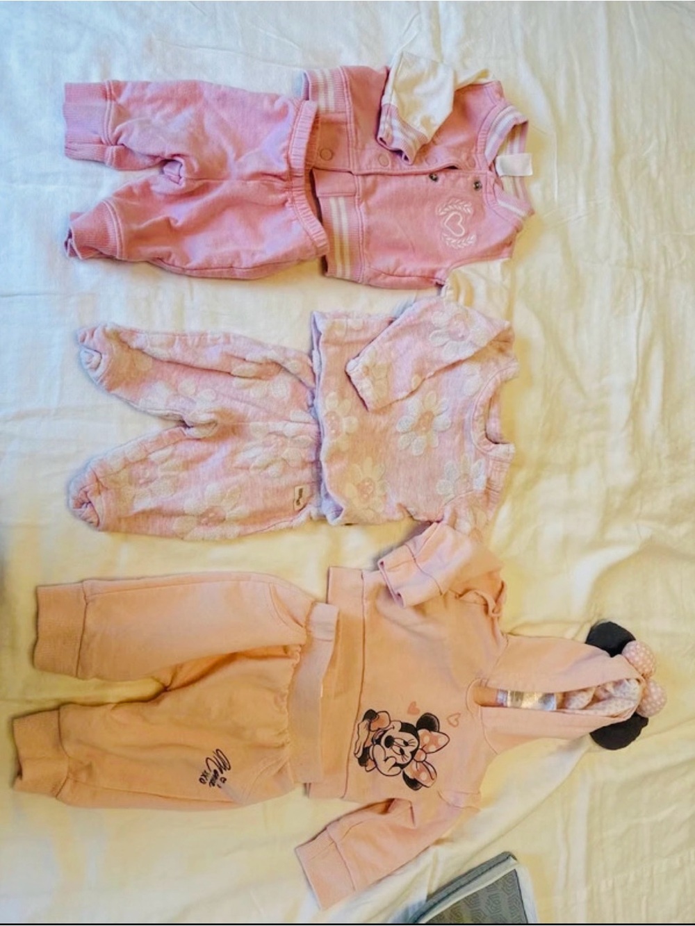 Pink Baby Girl 2 piece Outfit Sets with Minnie Hoodie set. Bundle of 3